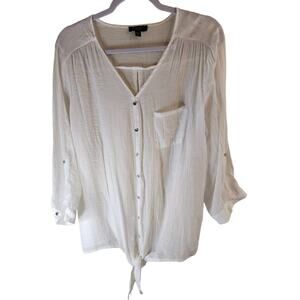 COCOMO WOMAN White 3/4 Roll Tab Sleeve Light Gauzy Top Waist Tie 2X